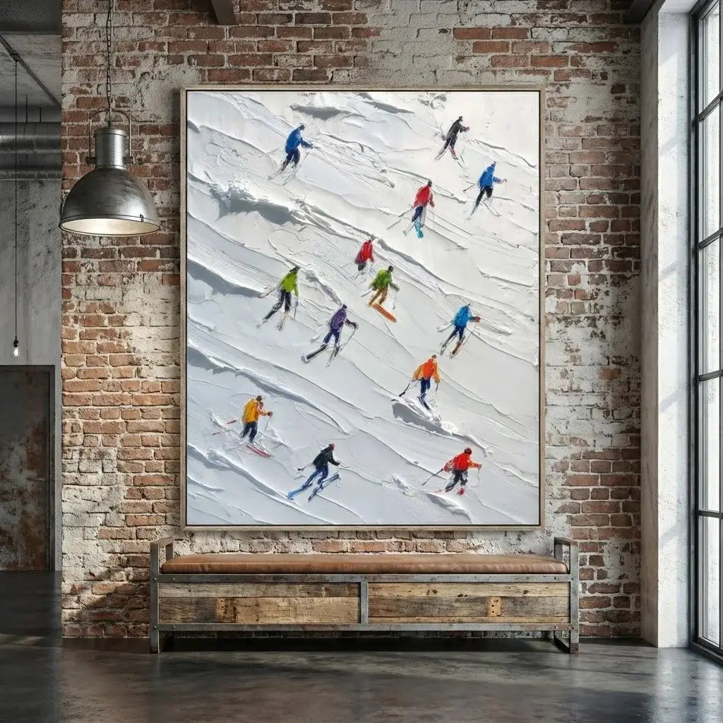 Framed artwork of skiers on a snowy mountain wall-mounted above a wooden bench in an industrial-style room.
