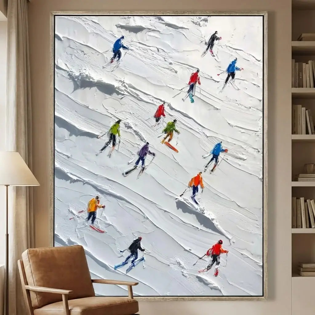 Framed artwork of skiers on a snowy slope in a living room setting.