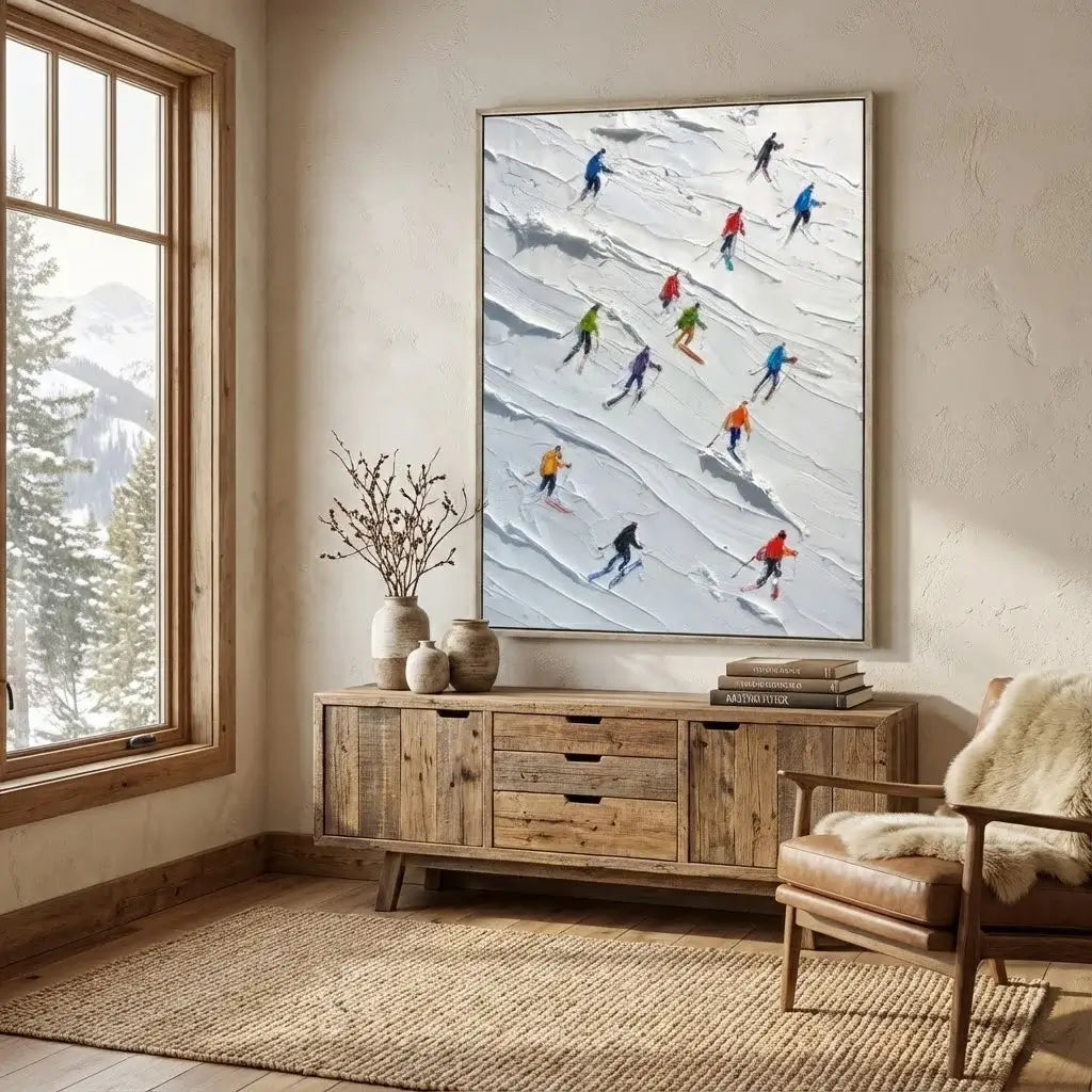 Living room with wooden cabinet, chair, and large framed picture of skiers.