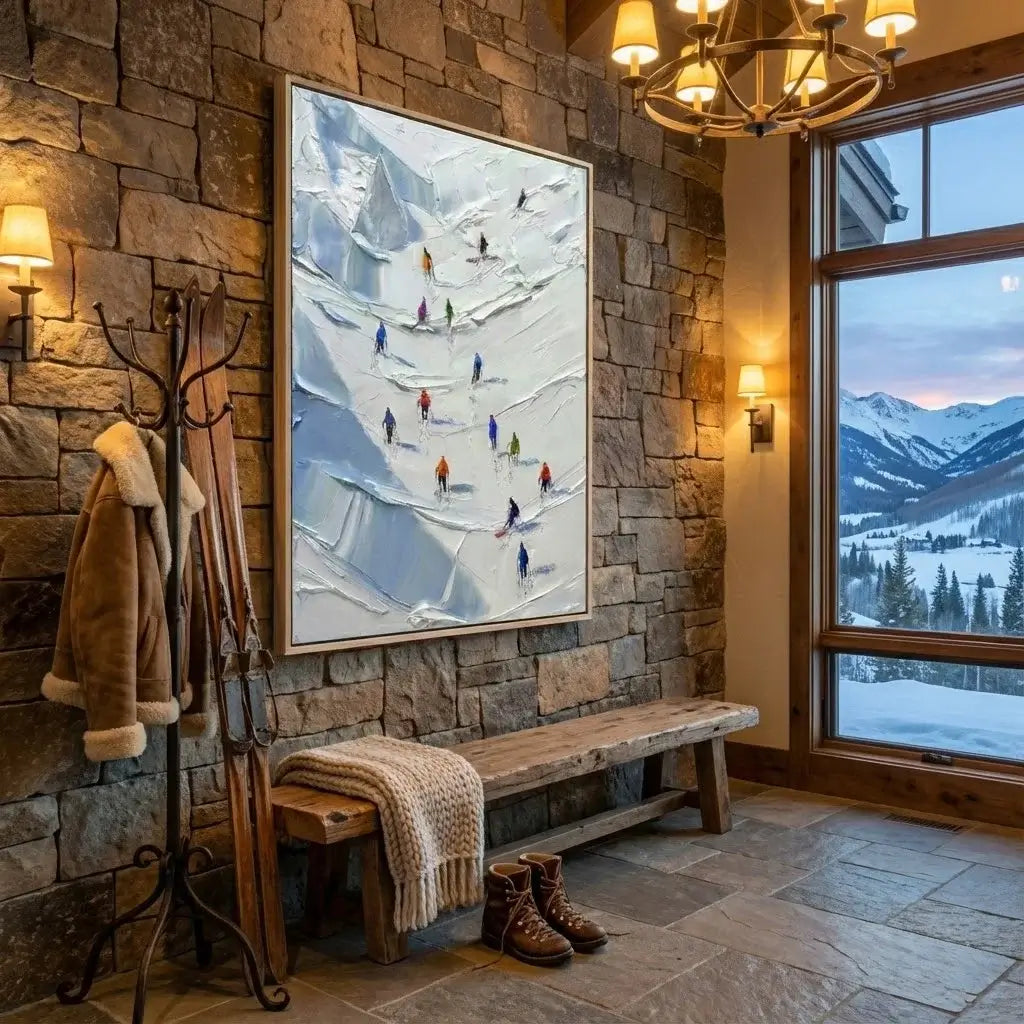 Nestled mountain lodge interior with stone walls, a coat rack, bench, and large window view.
