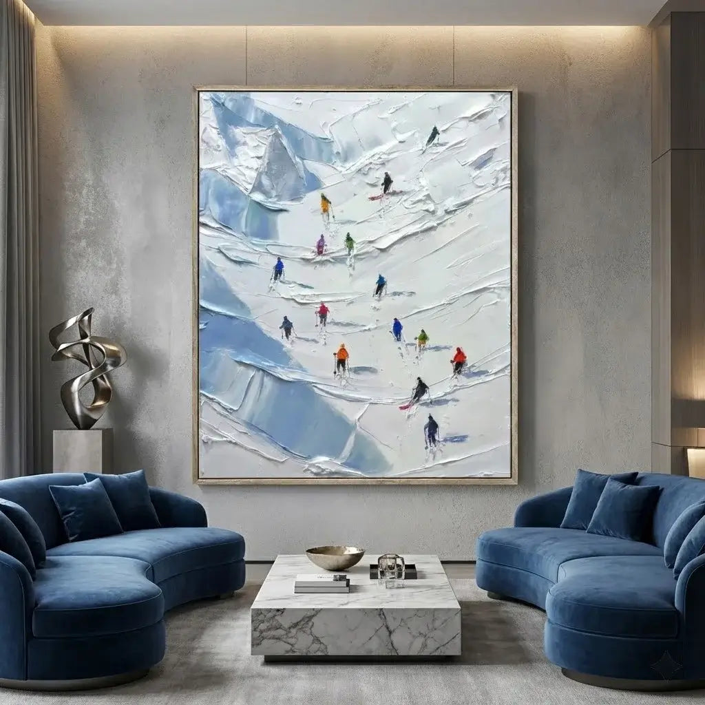 Modern living room with blue sofas, marble coffee table, and abstract mountain painting.