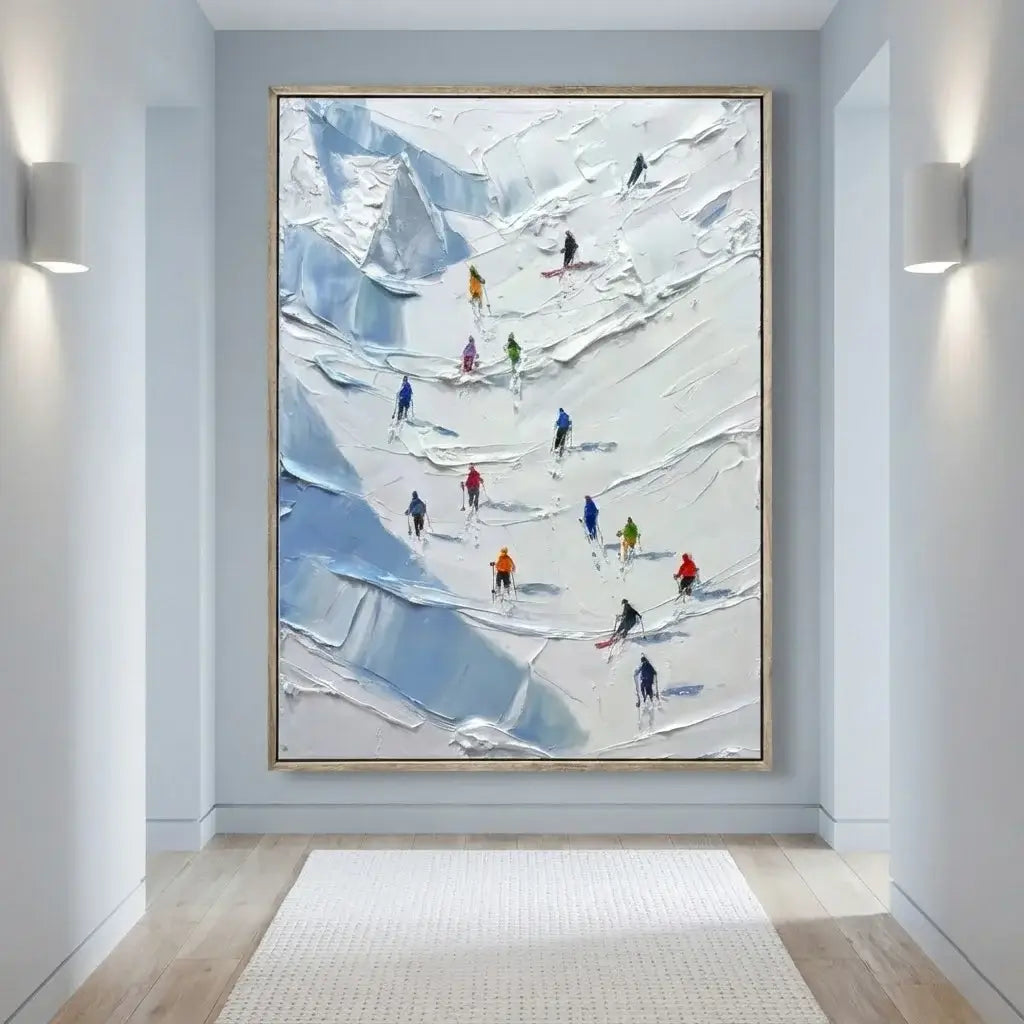 Abstract painting of skiers on a snowy mountain wall in a modern room.
