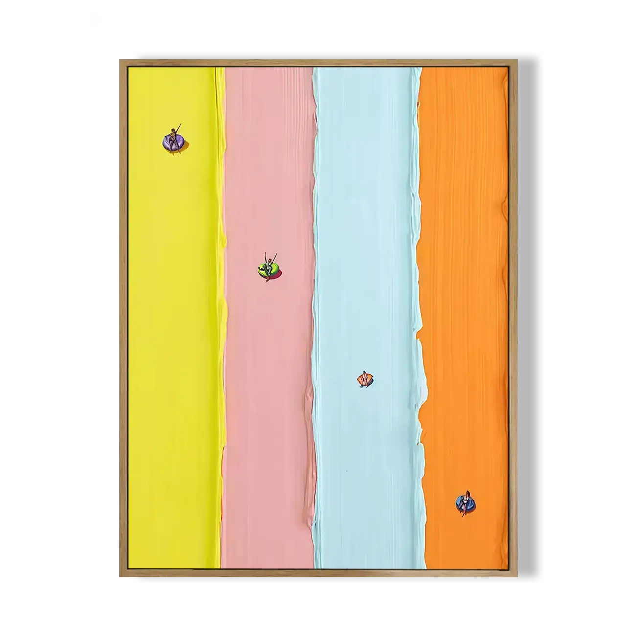 Colorful abstract painting with four vertical stripes in yellow, pink, blue, and orange.