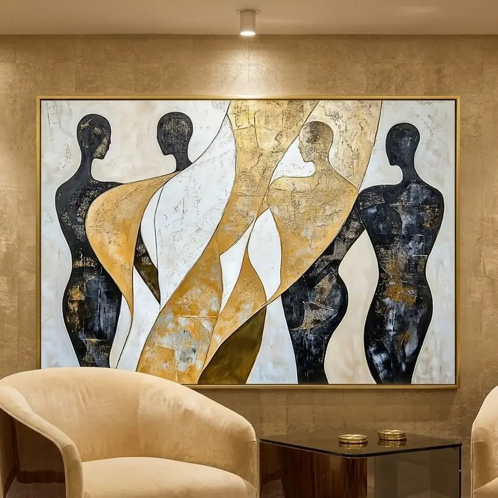 Modern interior with abstract art and bar setup against a black wall.