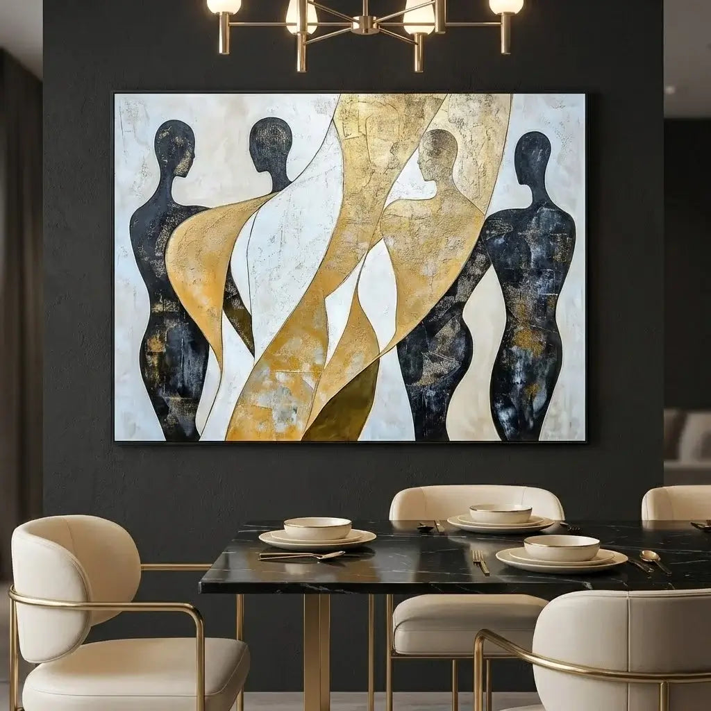 Dining room with abstract art on the wall and a table set for four.