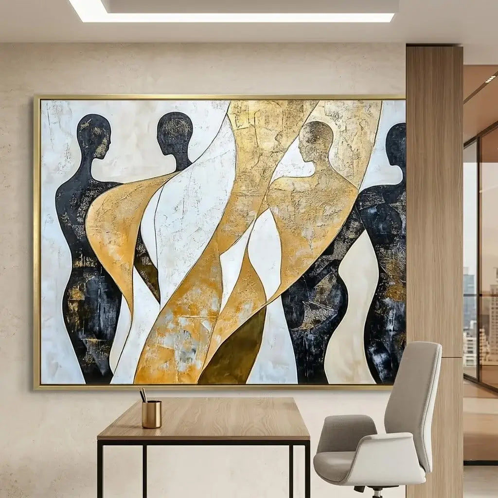 Dining room with abstract art on the wall and a table set for four.
