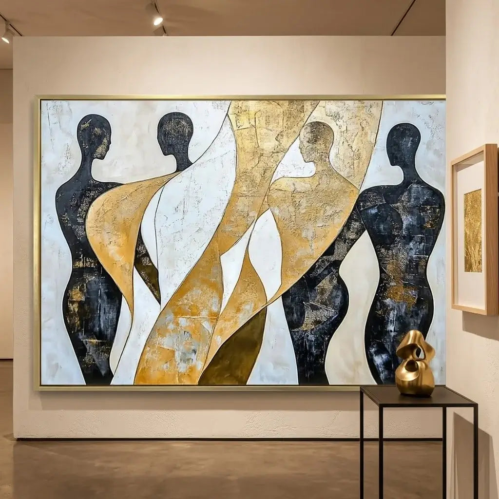 Abstract art piece with black, gold, and white figures on a wall above a staircase.