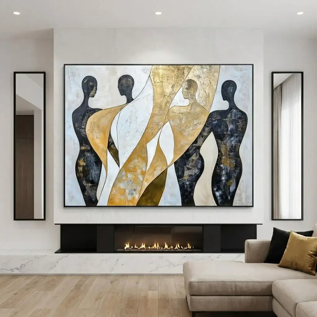 Modern living room with abstract art above a fireplace