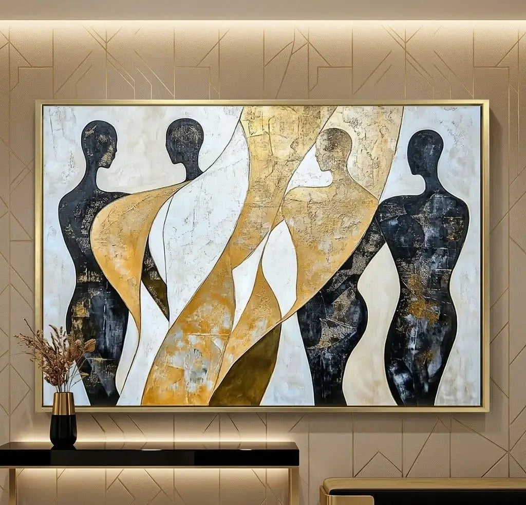 Modern living room with abstract art above a fireplace
