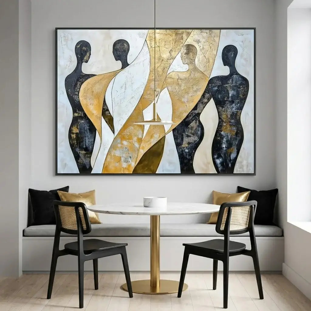 Dining room with abstract art on the wall, black chairs, and a white table with gold base.