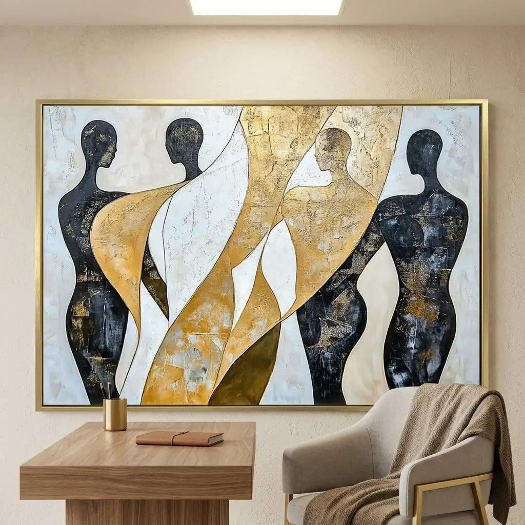 Dining room with abstract art on the wall, black chairs, and a white table with gold base.