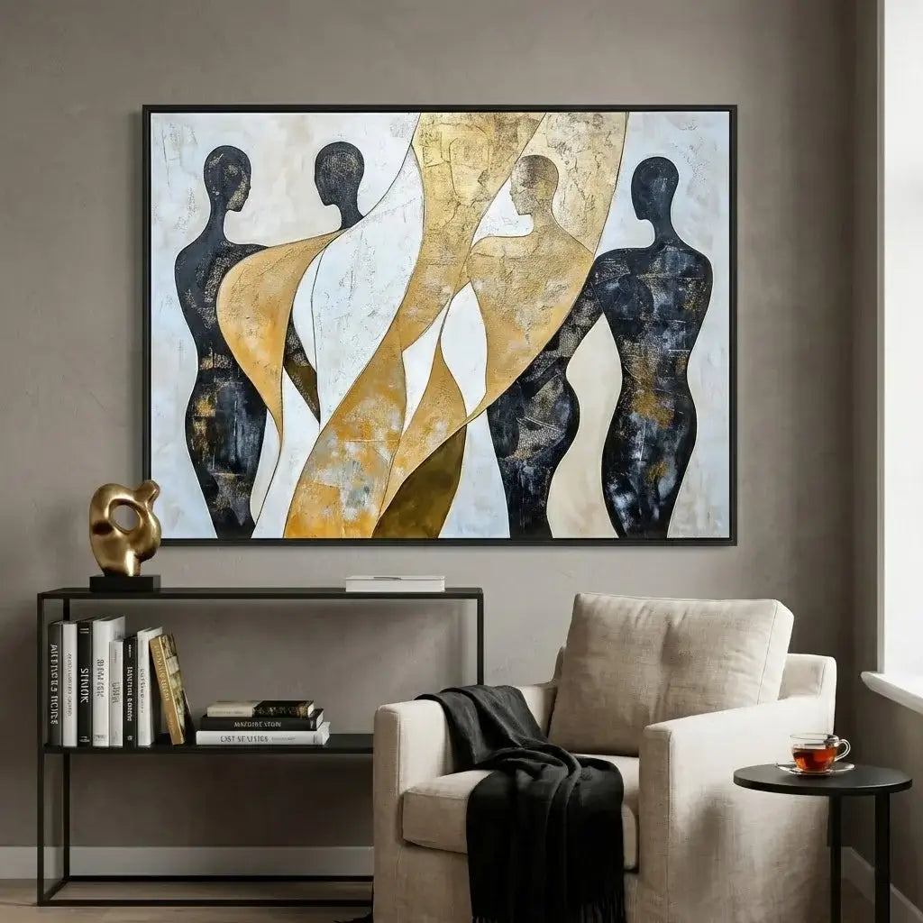 Abstract art piece with human figures in a living room setting.