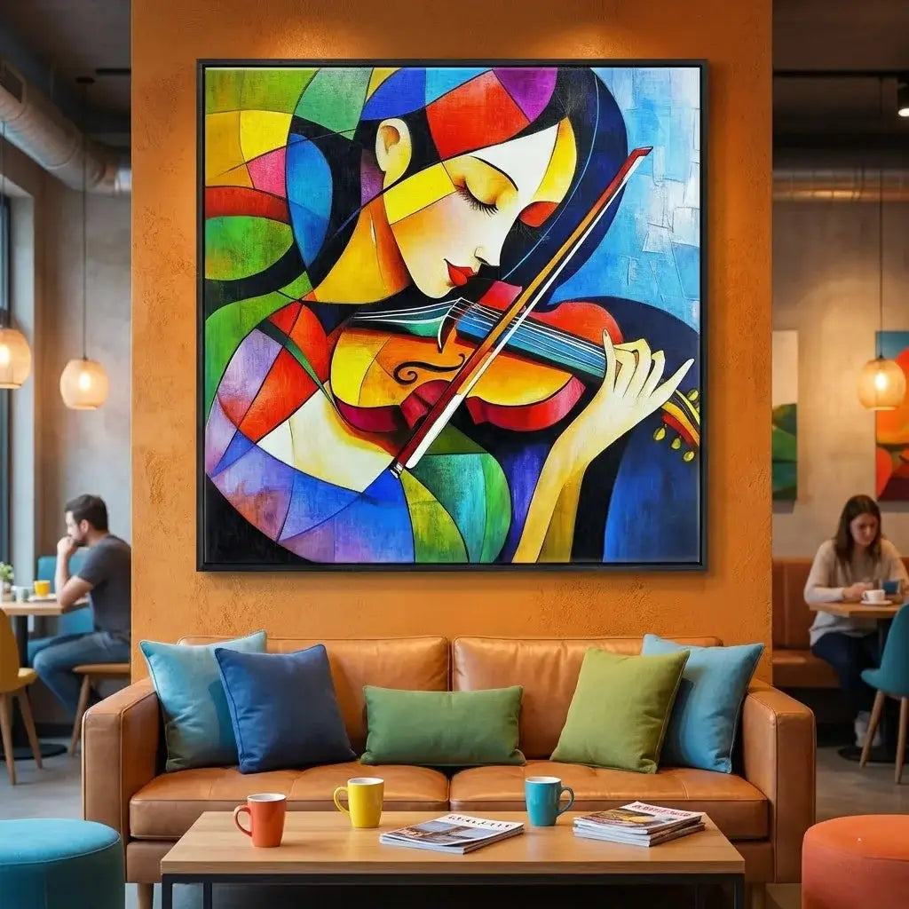 Colorful abstract painting of a woman playing the violin in a modern cafe setting.