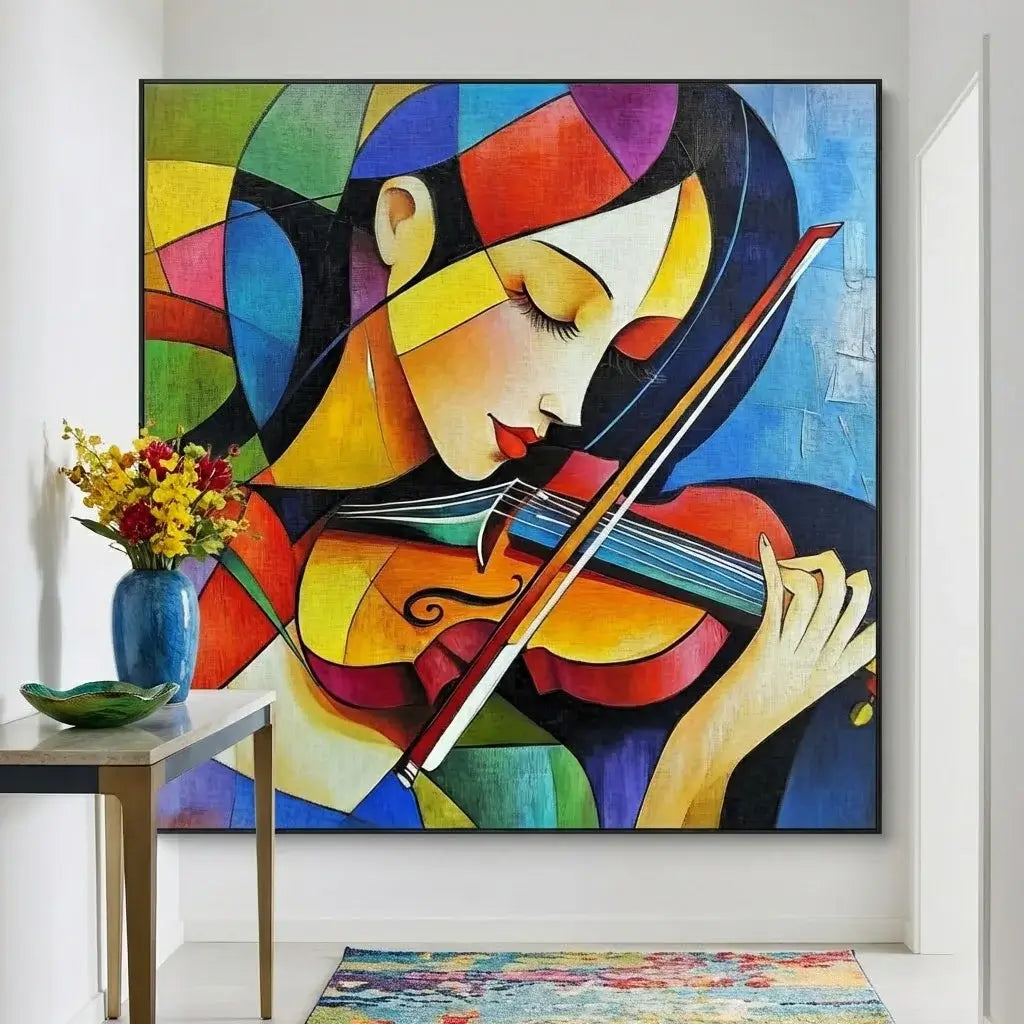 Colorful abstract painting of a woman playing a violin in a room with a table and flowers.
