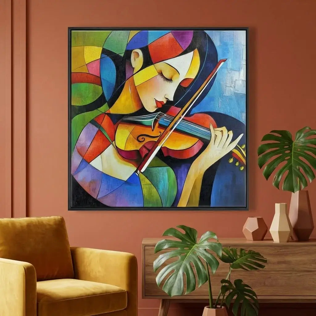 Colorful abstract painting of a woman playing the violin in a living room setting.