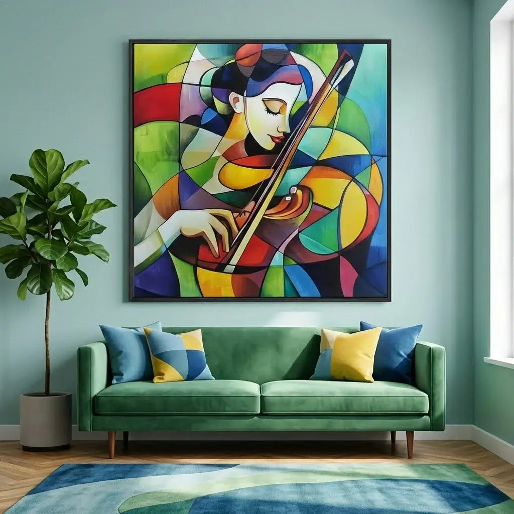 Colorful abstract painting of a woman playing the violin above a green sofa with colorful cushions in a living room.