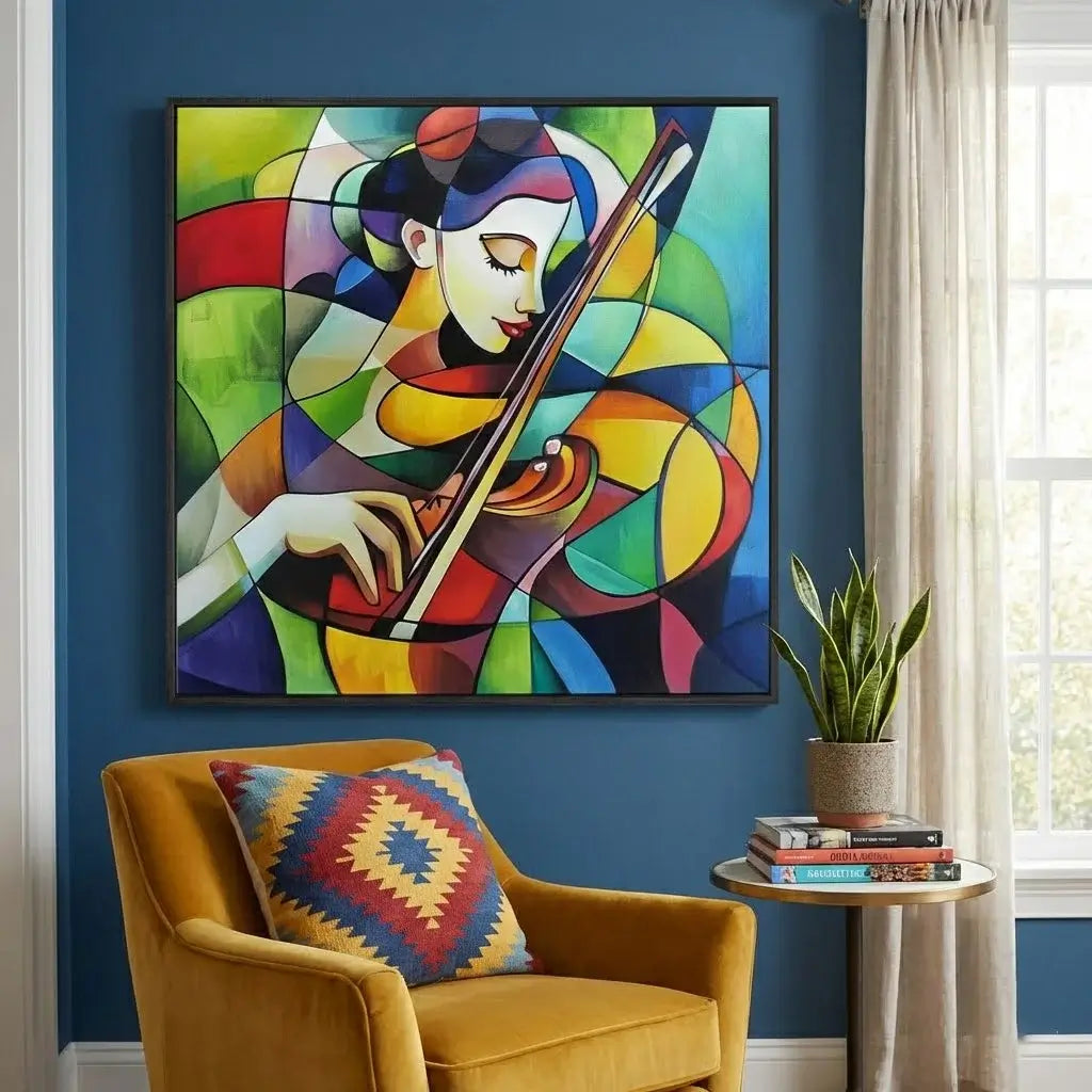 Colorful abstract painting of a woman playing a violin on a blue wall above a yellow armchair.