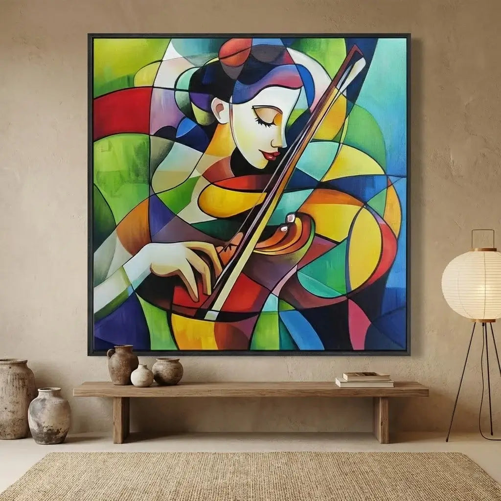 Colorful abstract painting of a woman playing the violin in a room with a wooden bench and decorative vases.