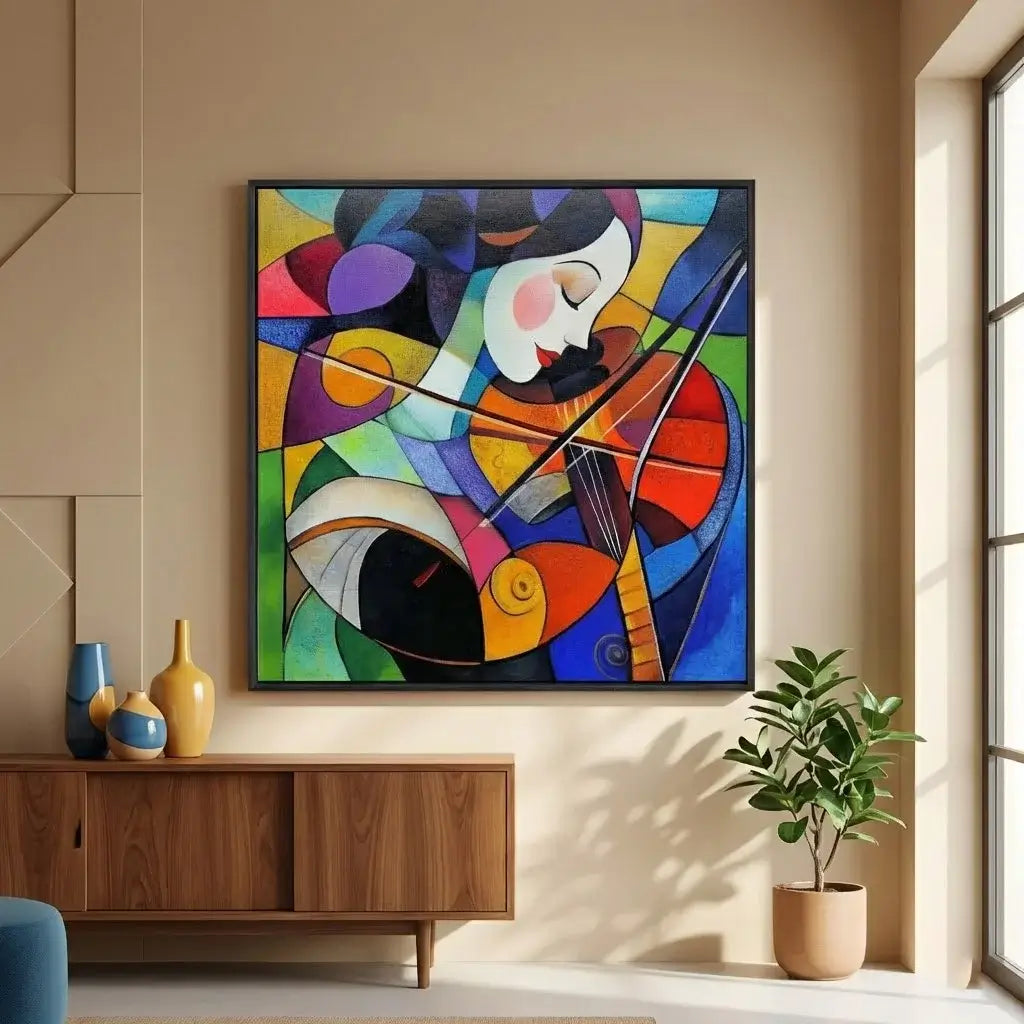 Colorful abstract painting of a woman playing a violin in a modern living room.