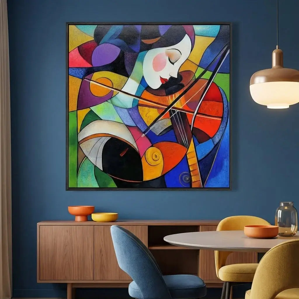 Colorful abstract painting of a woman playing a violin on a blue wall above a wooden cabinet.