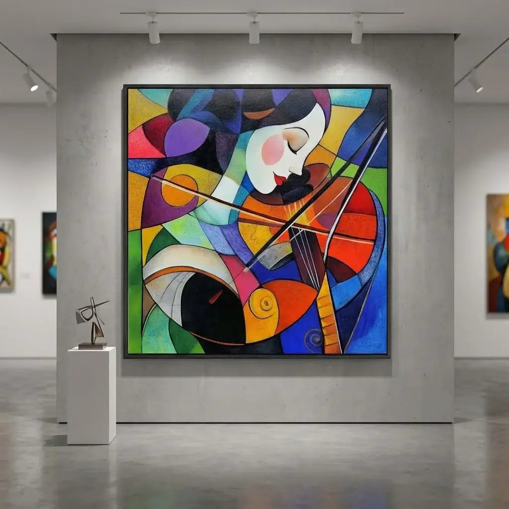 Colorful abstract painting of a woman playing a violin in an art gallery.