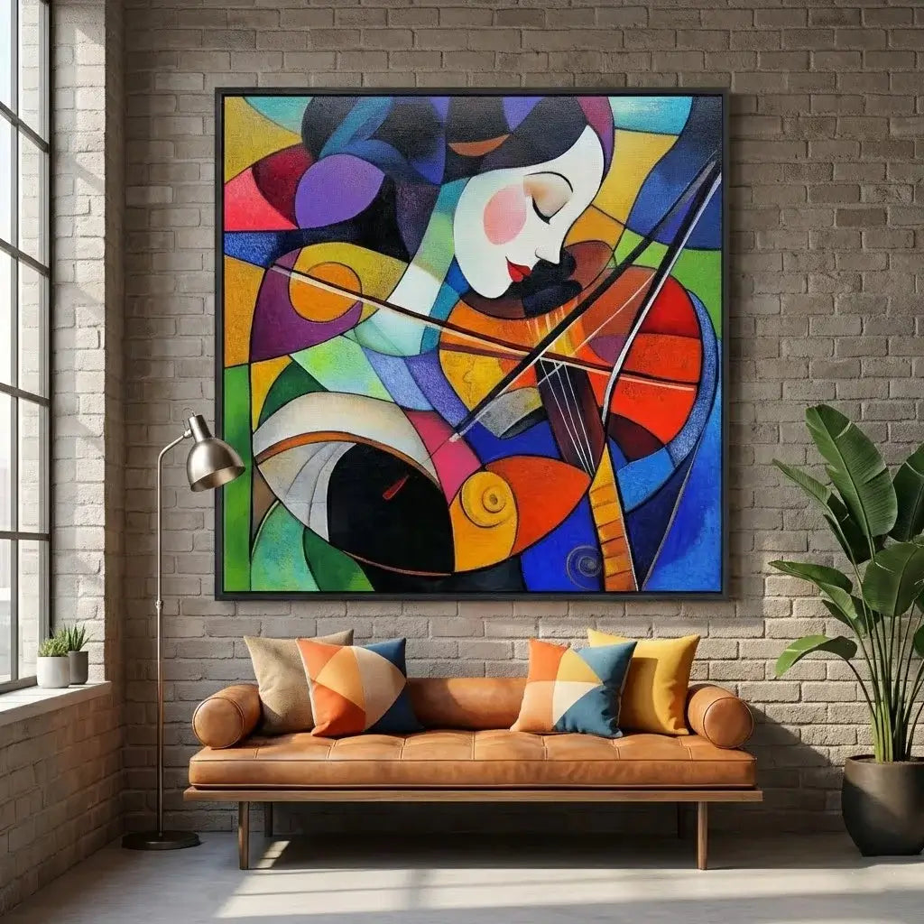 Colorful abstract painting above a brown leather sofa with patterned cushions in a room with brick walls and a window.
