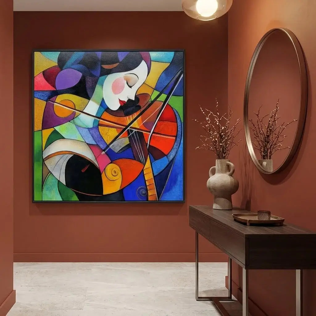 Colorful abstract painting of a woman playing the violin in a room with a round mirror and wooden console table.