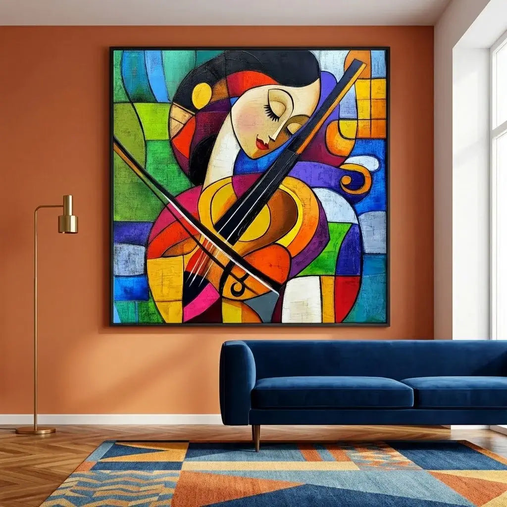Colorful abstract painting of a woman playing a violin on an orange wall above a blue sofa.