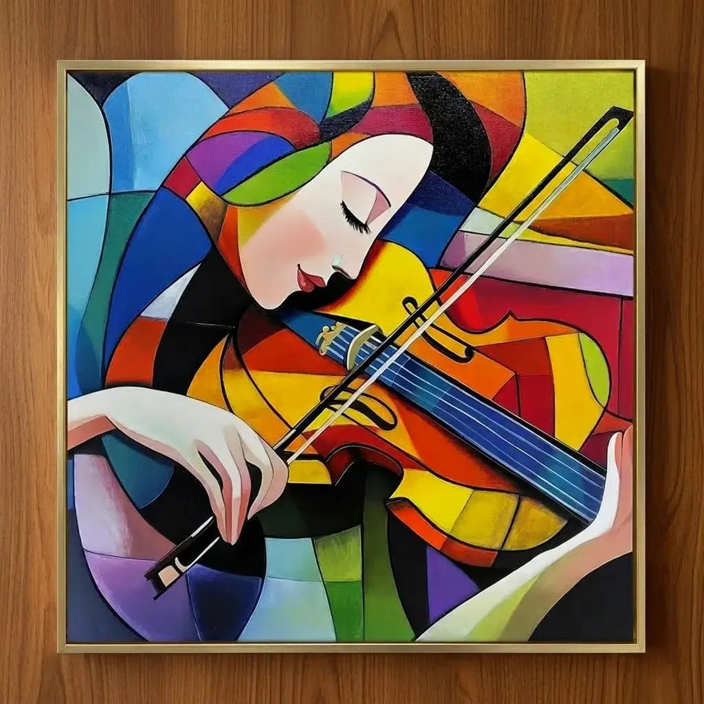 Colorful abstract painting of a woman playing the violin on a wall.