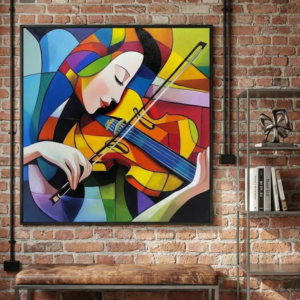 Colorful abstract painting of a woman playing the violin on a brick wall.