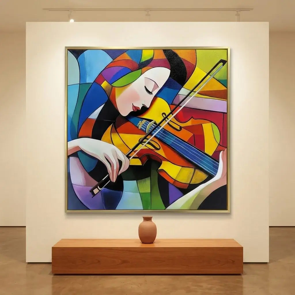 Colorful abstract painting of a woman playing the violin on a brick wall.