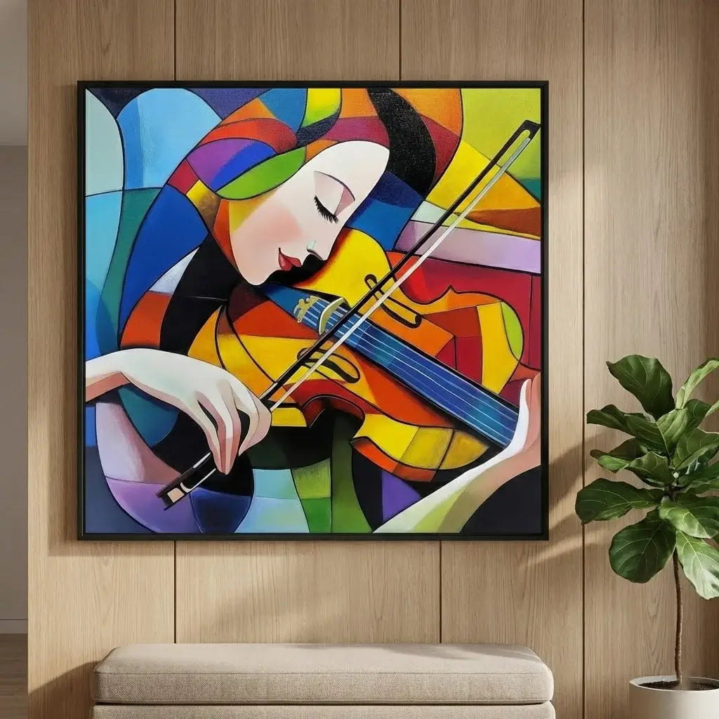 Colorful abstract painting of a woman playing a violin on a wooden wall.