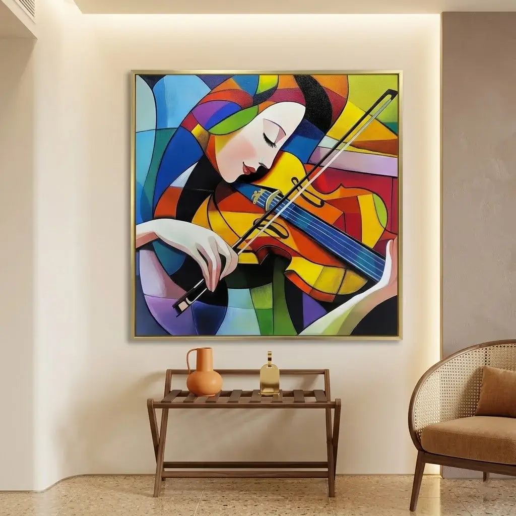 Colorful abstract painting of a woman playing a violin on a wooden wall.