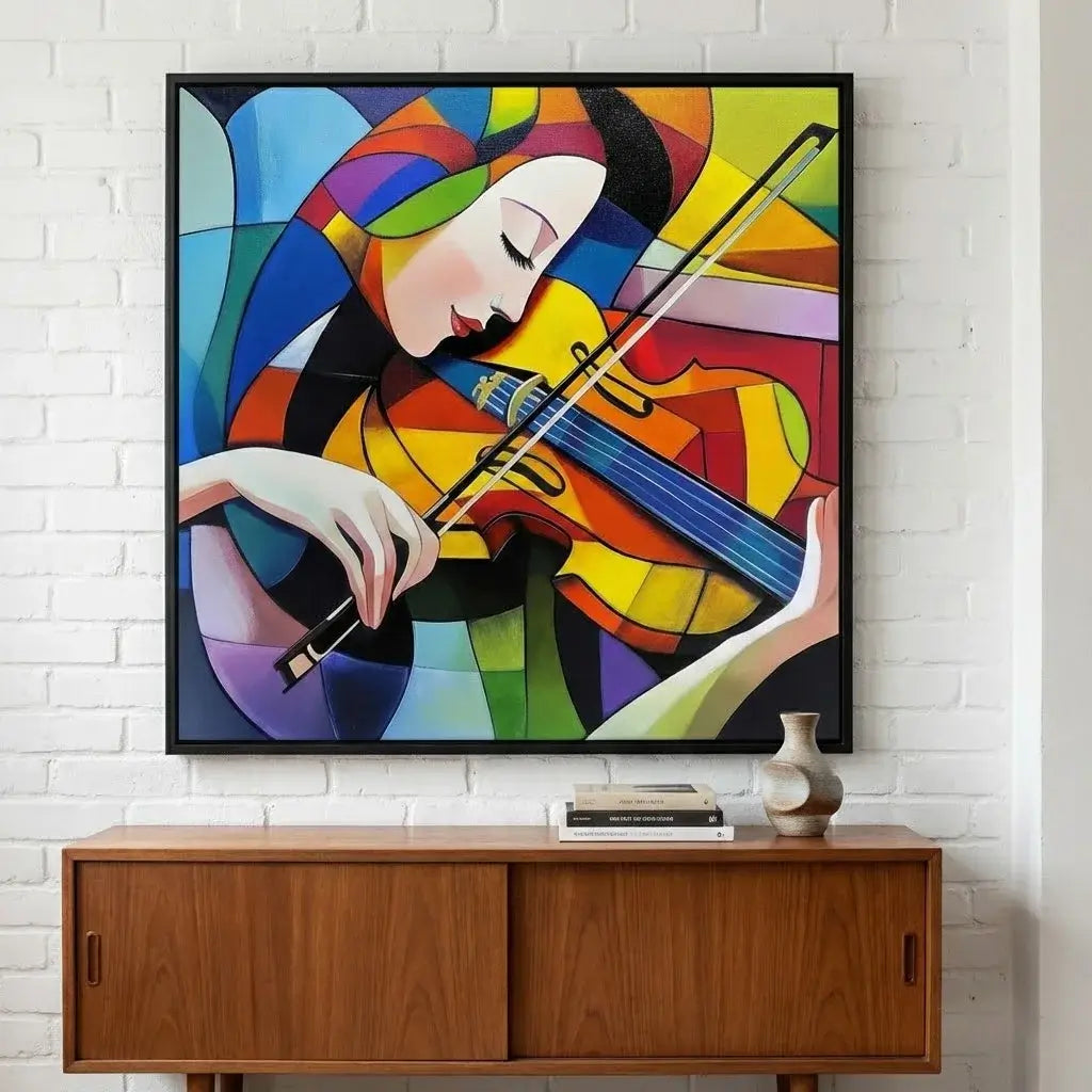 Colorful abstract painting of a woman playing a violin on a white brick wall above a wooden cabinet.