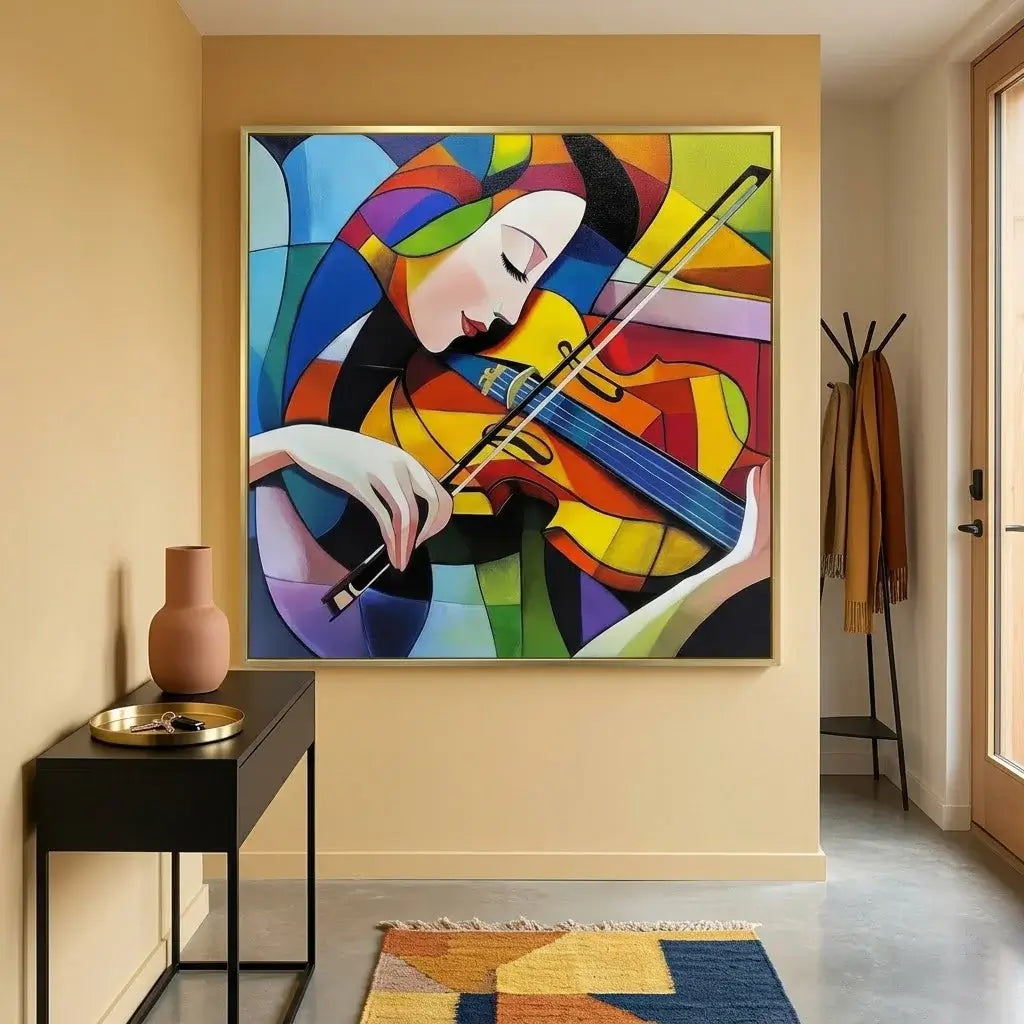 Colorful abstract painting of a woman playing a violin on a white brick wall above a wooden cabinet.