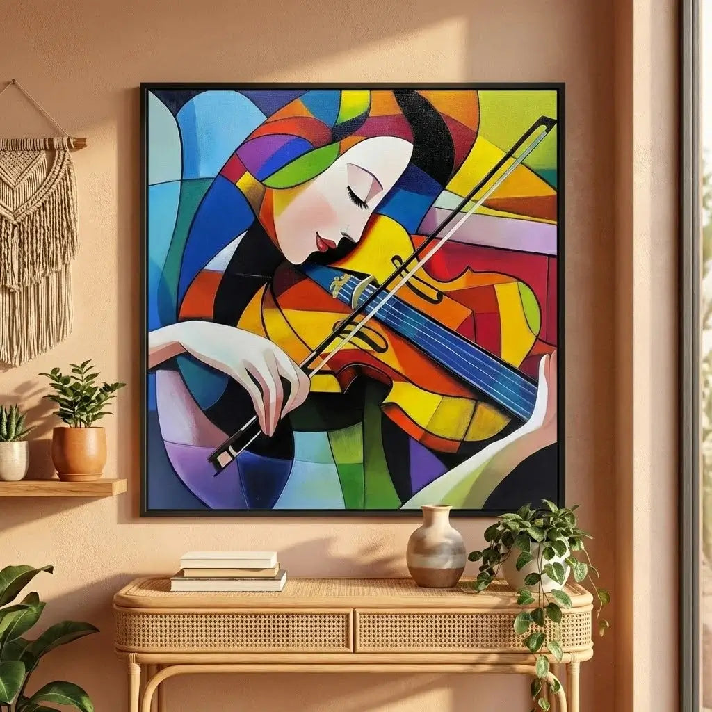 Colorful abstract painting of a woman playing a violin on a wall above a console table.