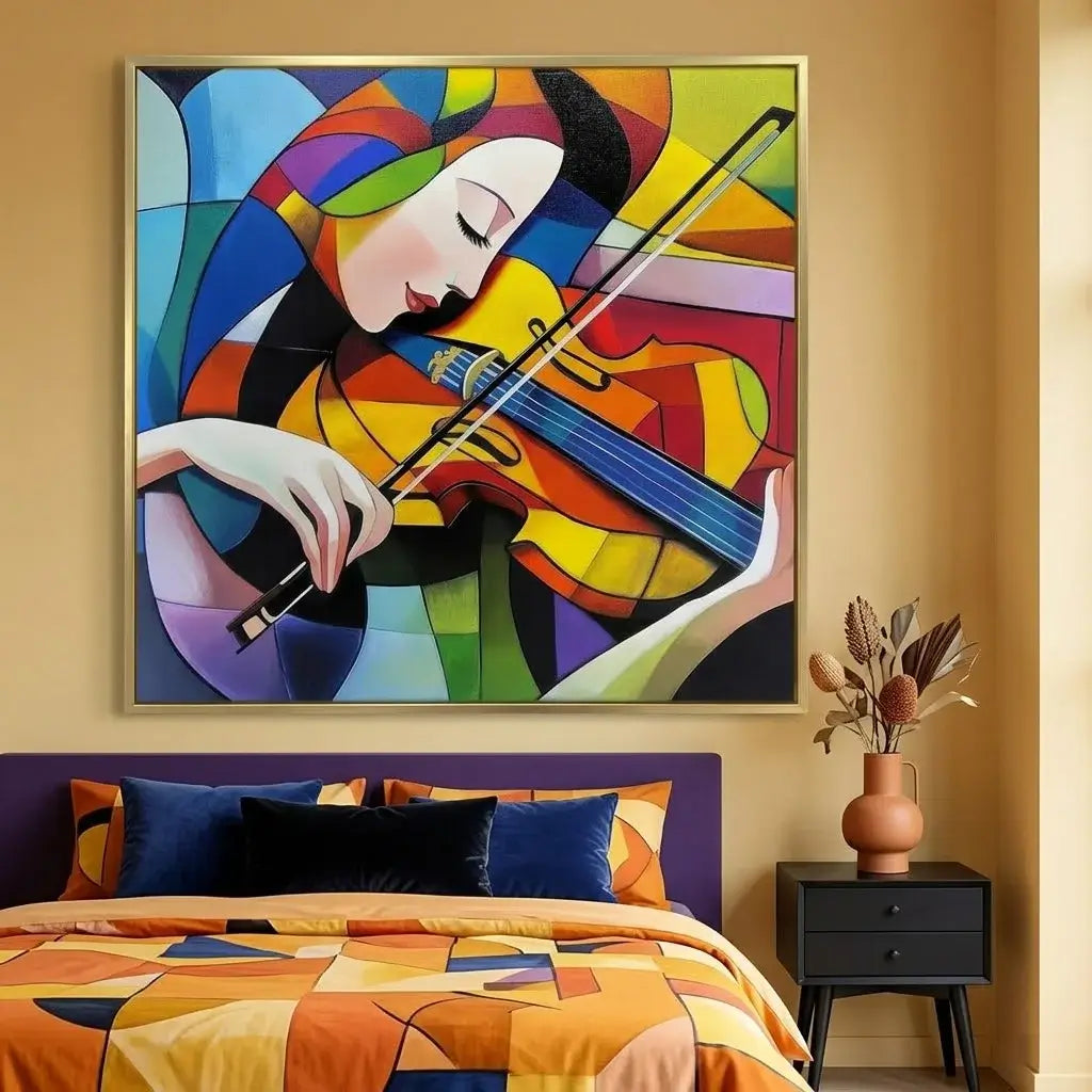 Colorful abstract painting of a woman playing a violin on a wall above a console table.