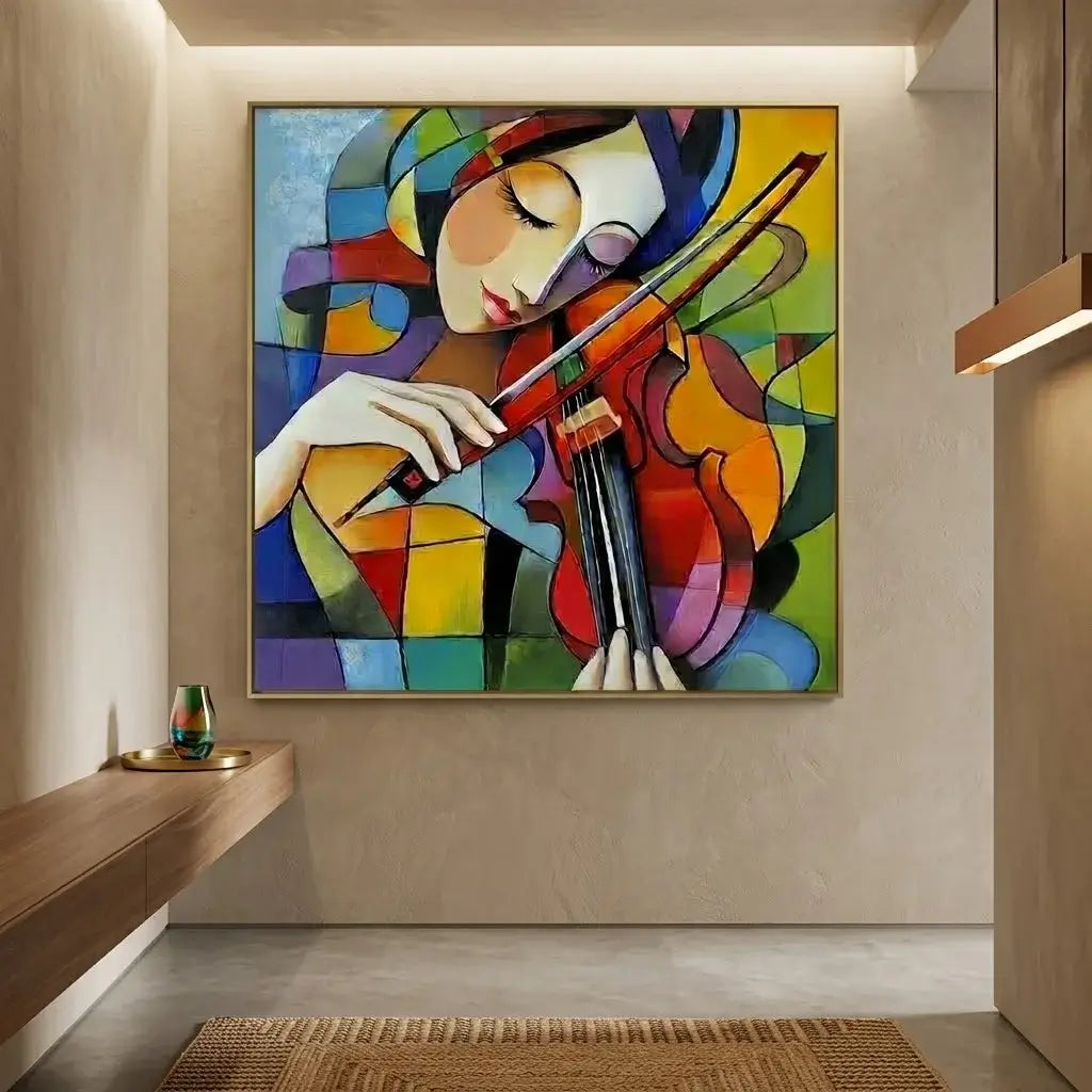 Colorful abstract painting of a woman playing a violin in a room with art supplies and plants.