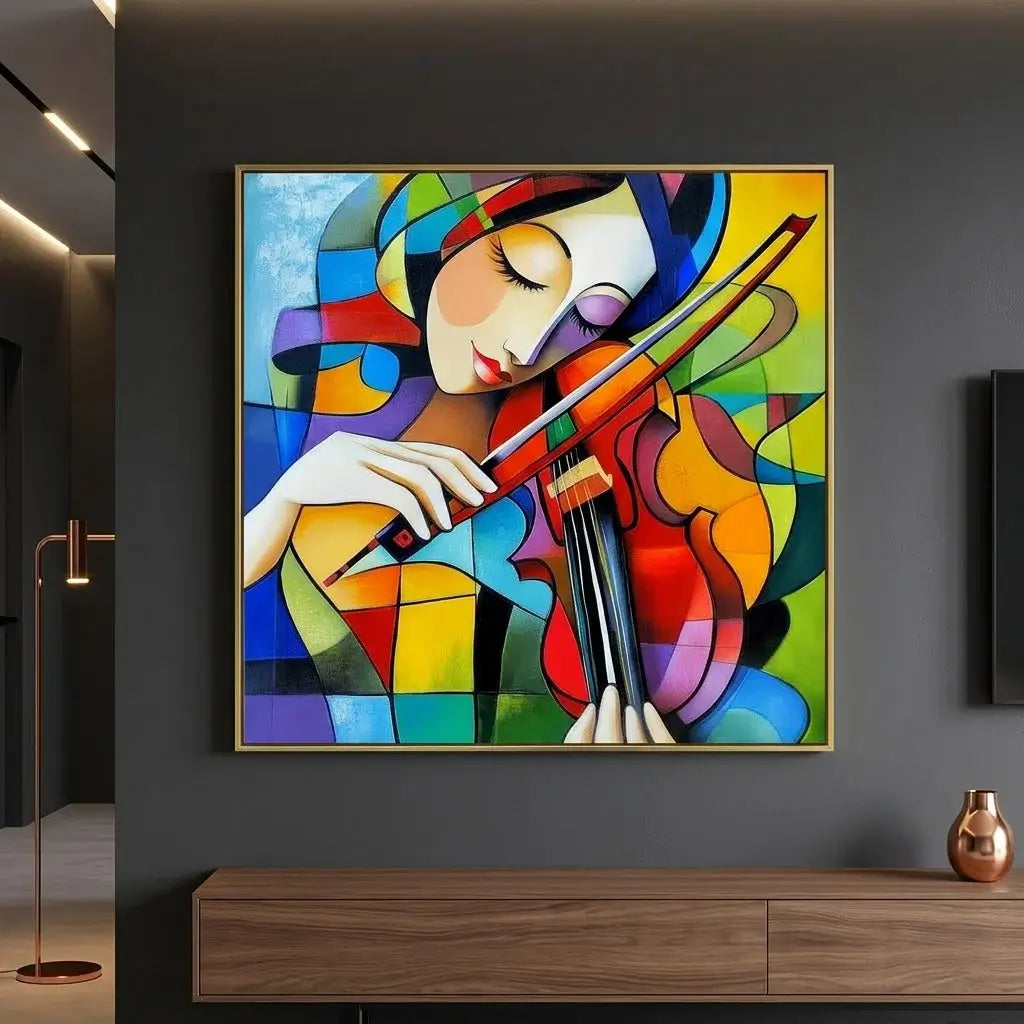 Colorful abstract painting of a woman playing the violin on an orange wall above a desk.