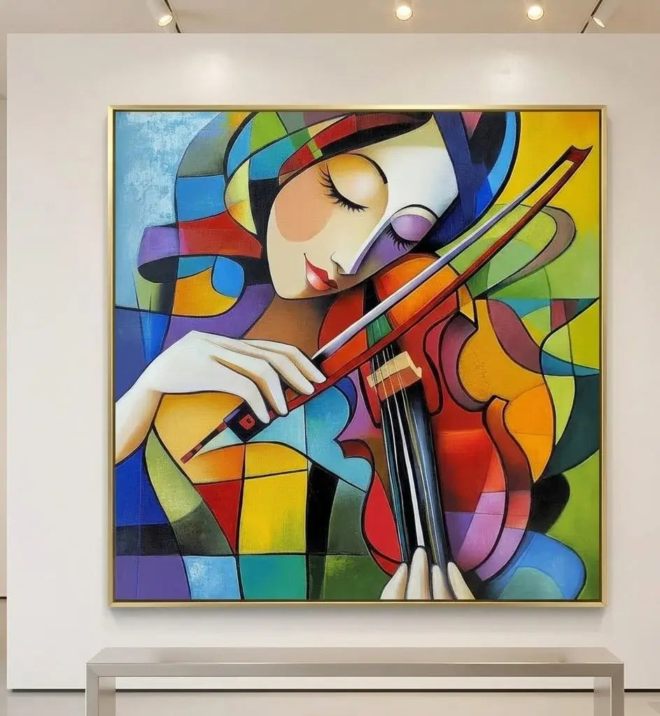 Colorful abstract painting of a woman playing a violin on a yellow wall above a blue bench.