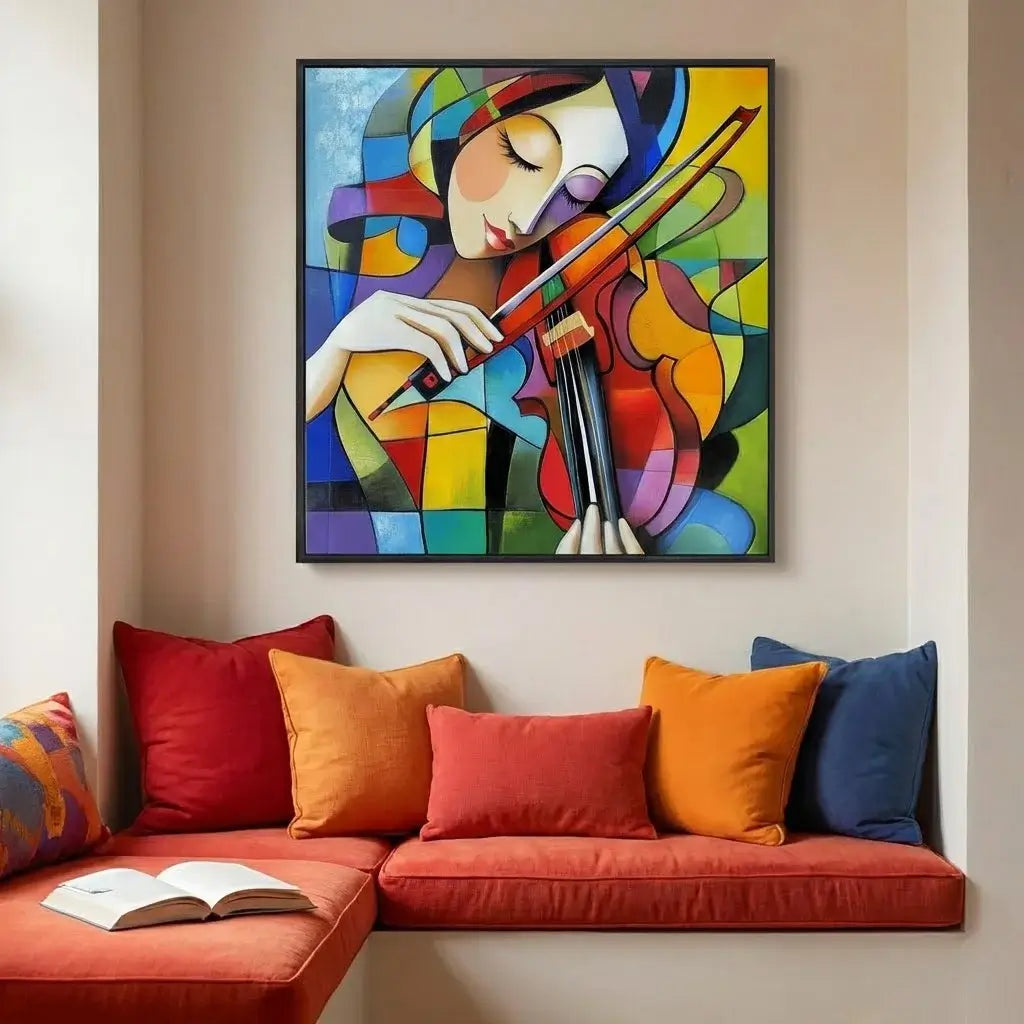 Colorful abstract painting of a violinist above a red sofa with colorful cushions.