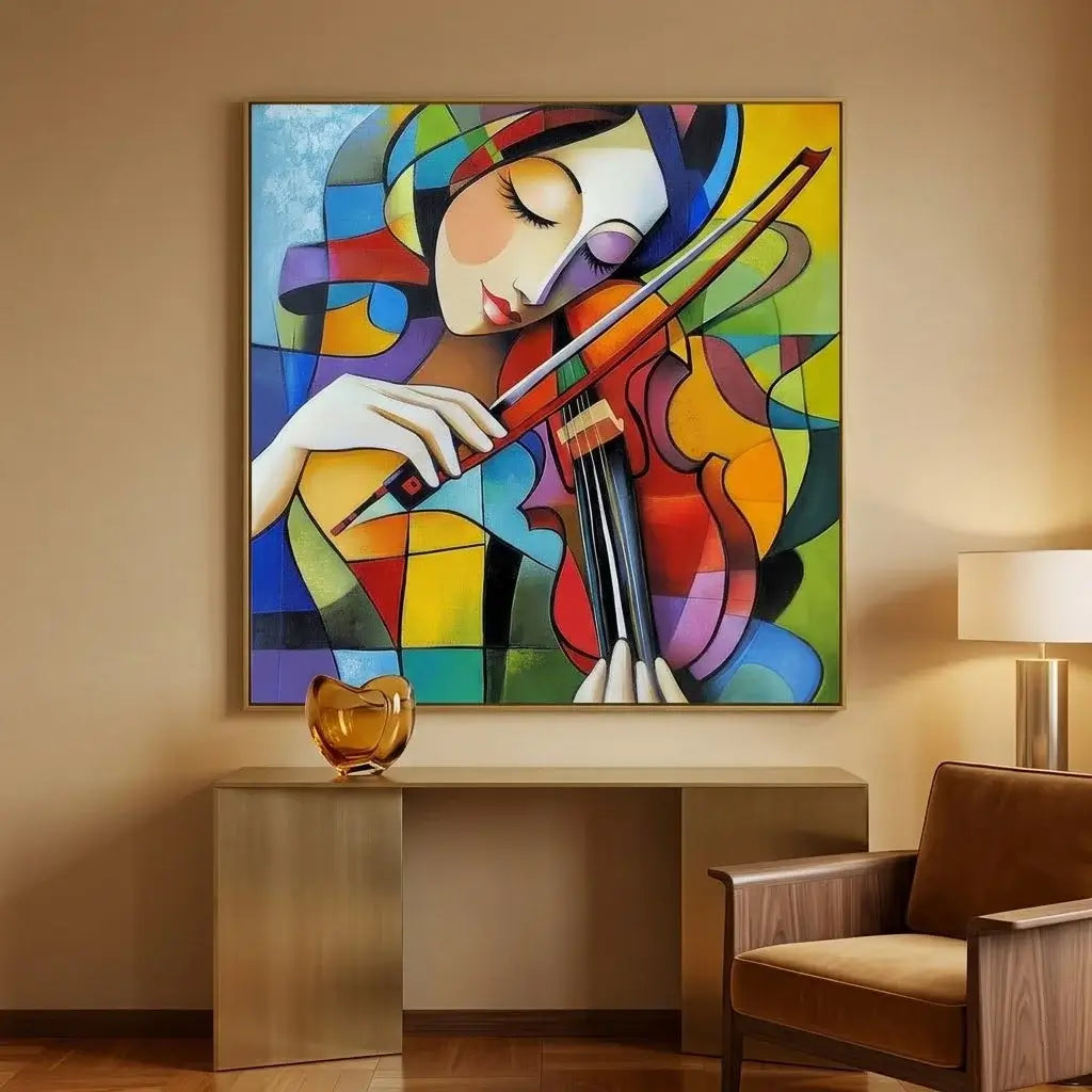 Colorful abstract painting of a violinist above a red sofa with colorful cushions.