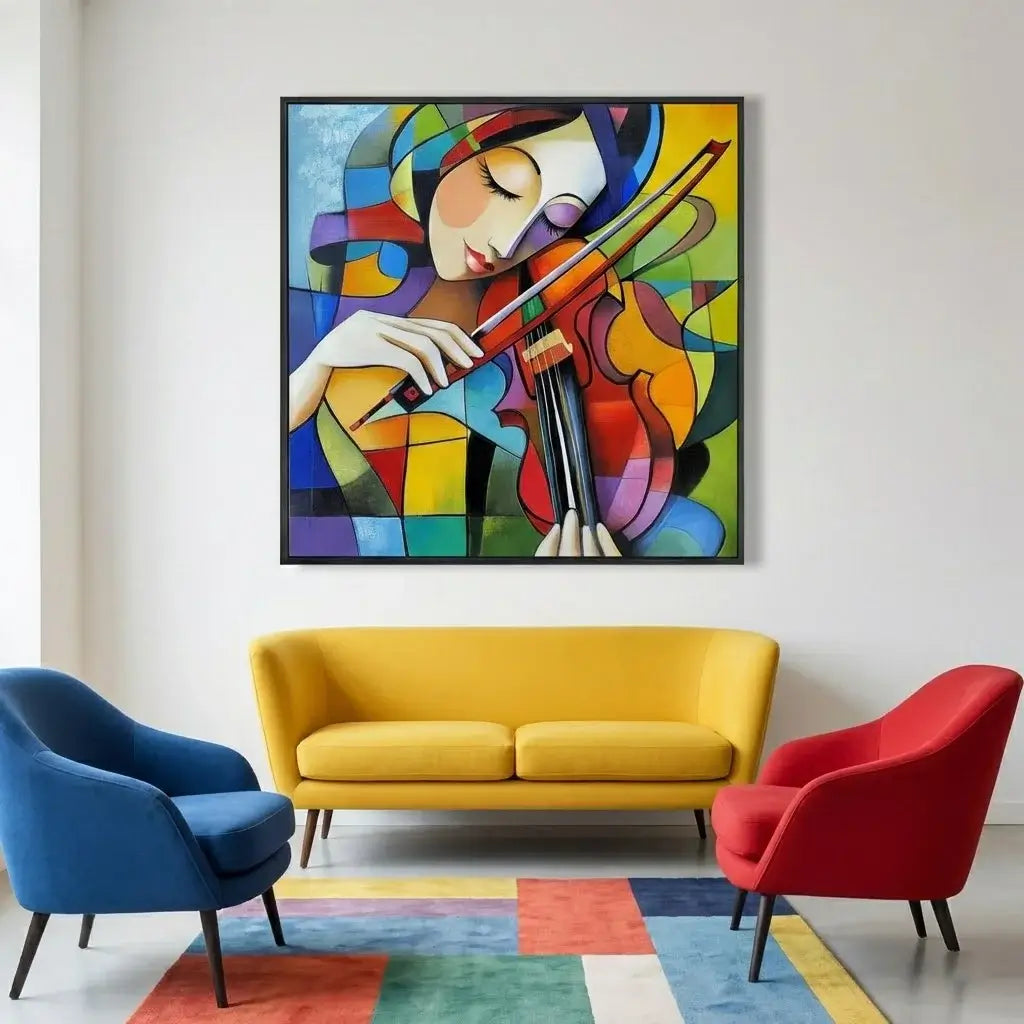 Colorful abstract painting of a violinist above a yellow sofa and red chair in a living room.