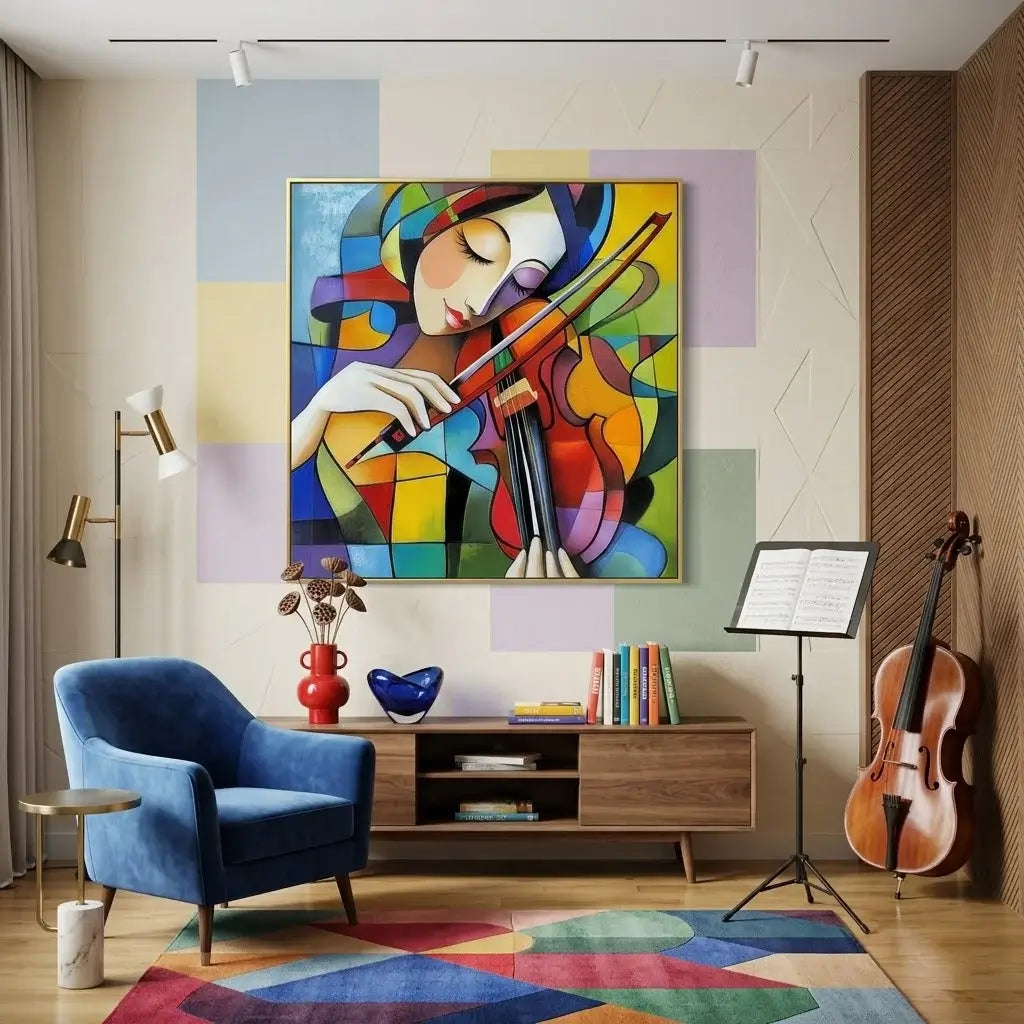 Colorful abstract painting of a violinist above a yellow sofa and red chair in a living room.