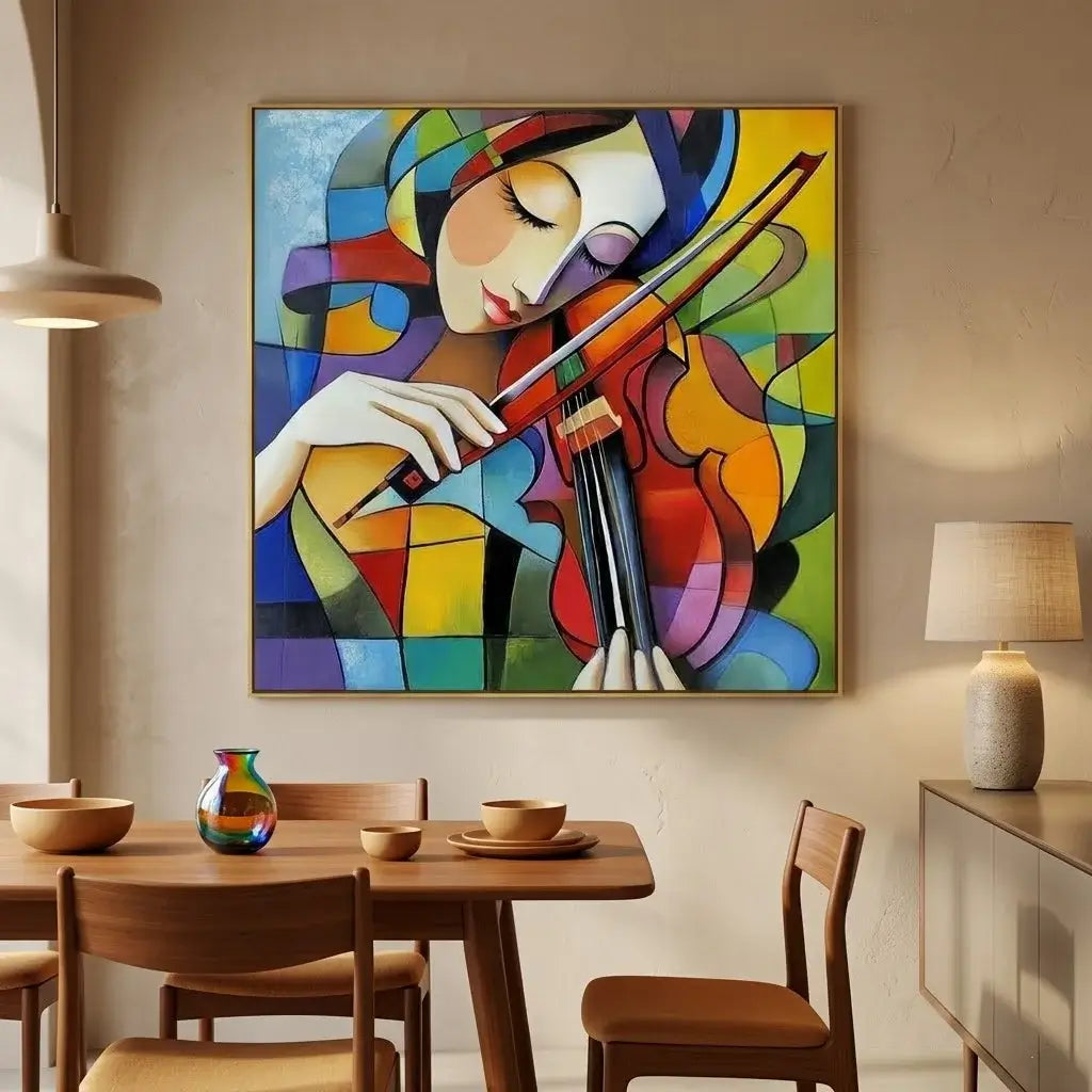 Colorful abstract painting of a woman playing a violin in a room with a bookshelf.