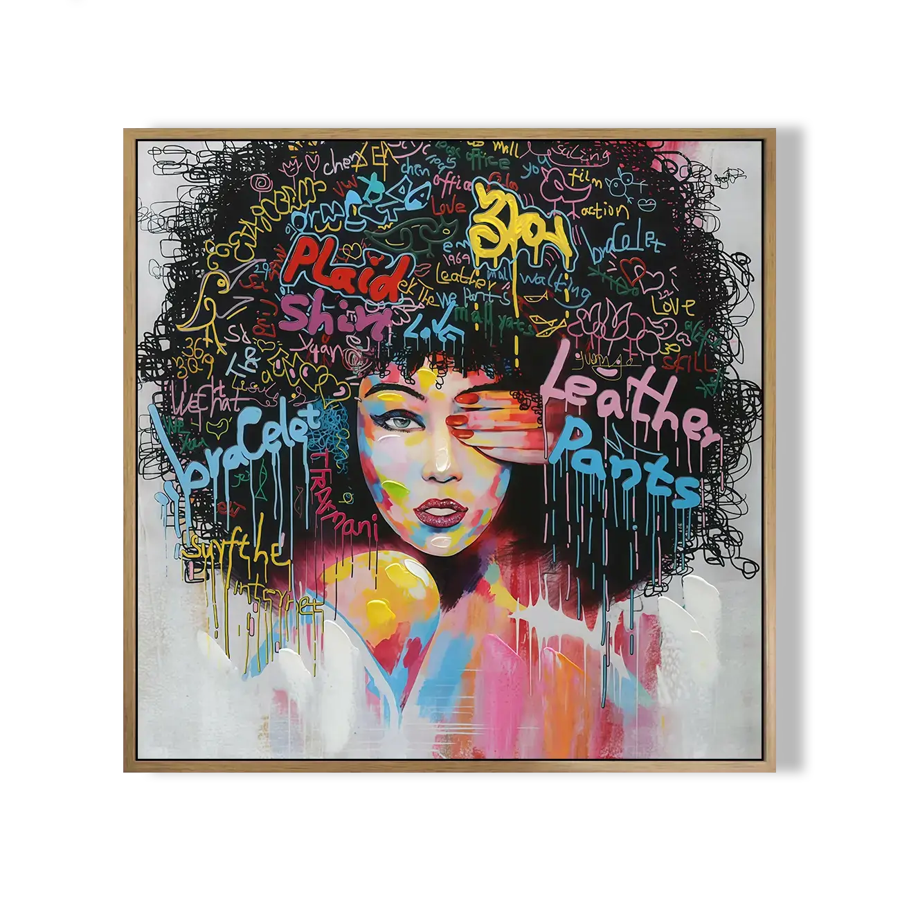 Colorful abstract art piece with text and a stylized face, framed.