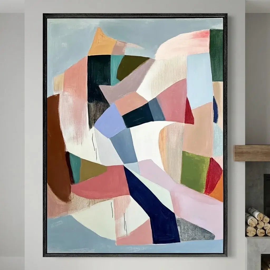 Abstract art piece with geometric shapes in various colors on a wall.
