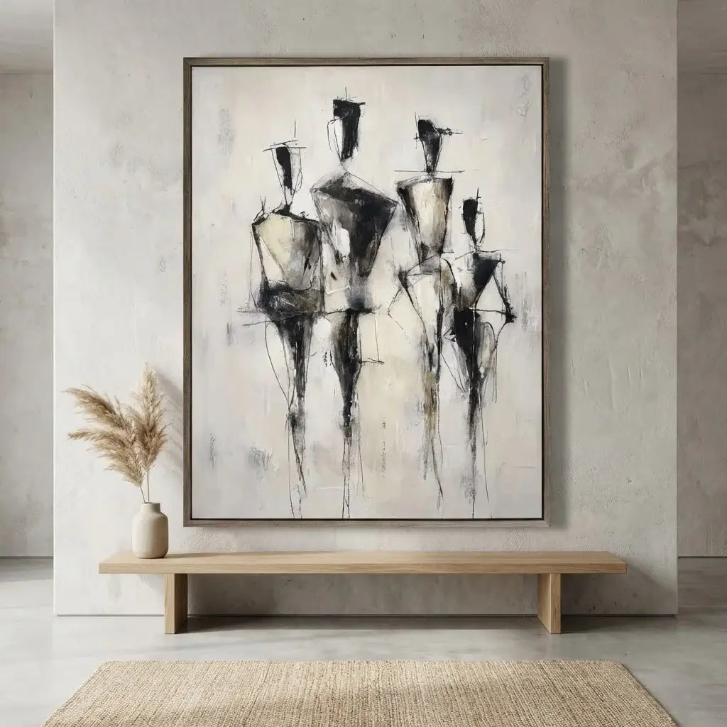 Abstract art piece in a modern interior setting with a bench and decor elements.