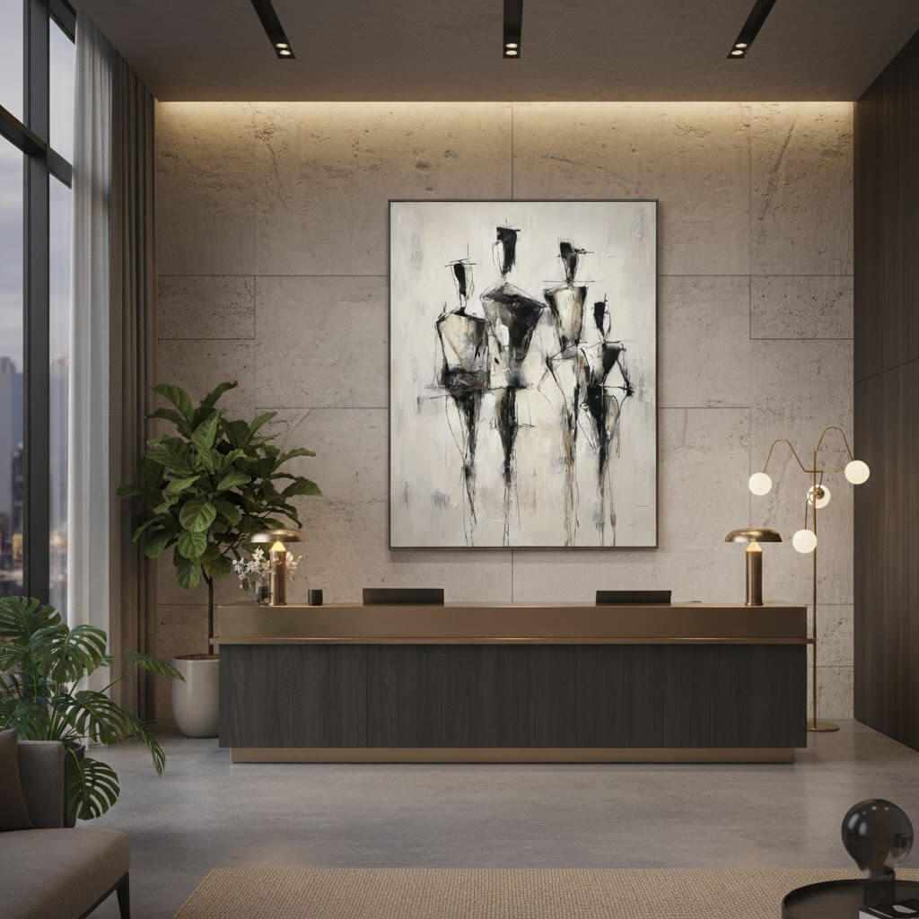 Modern office reception area with a large abstract painting on the wall.
