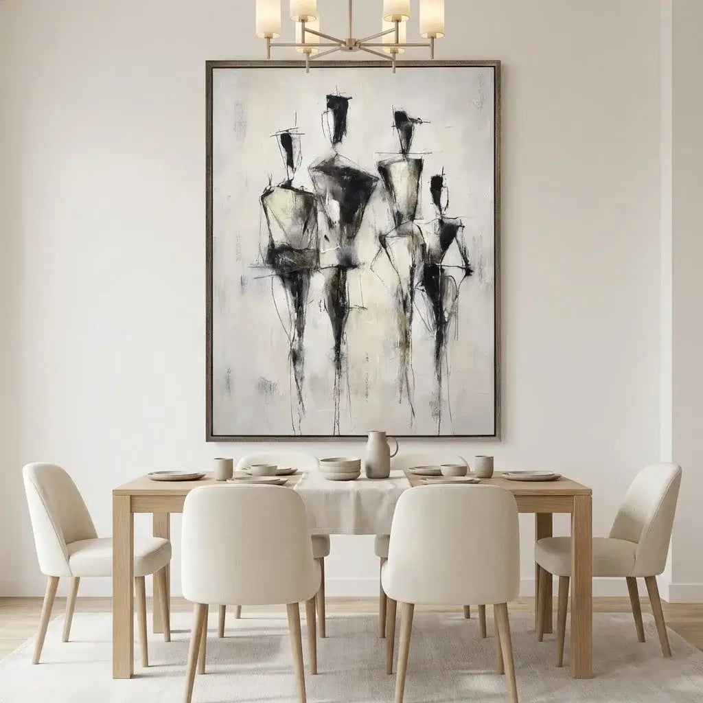 Dining room with a table and chairs, and a large abstract painting on the wall.